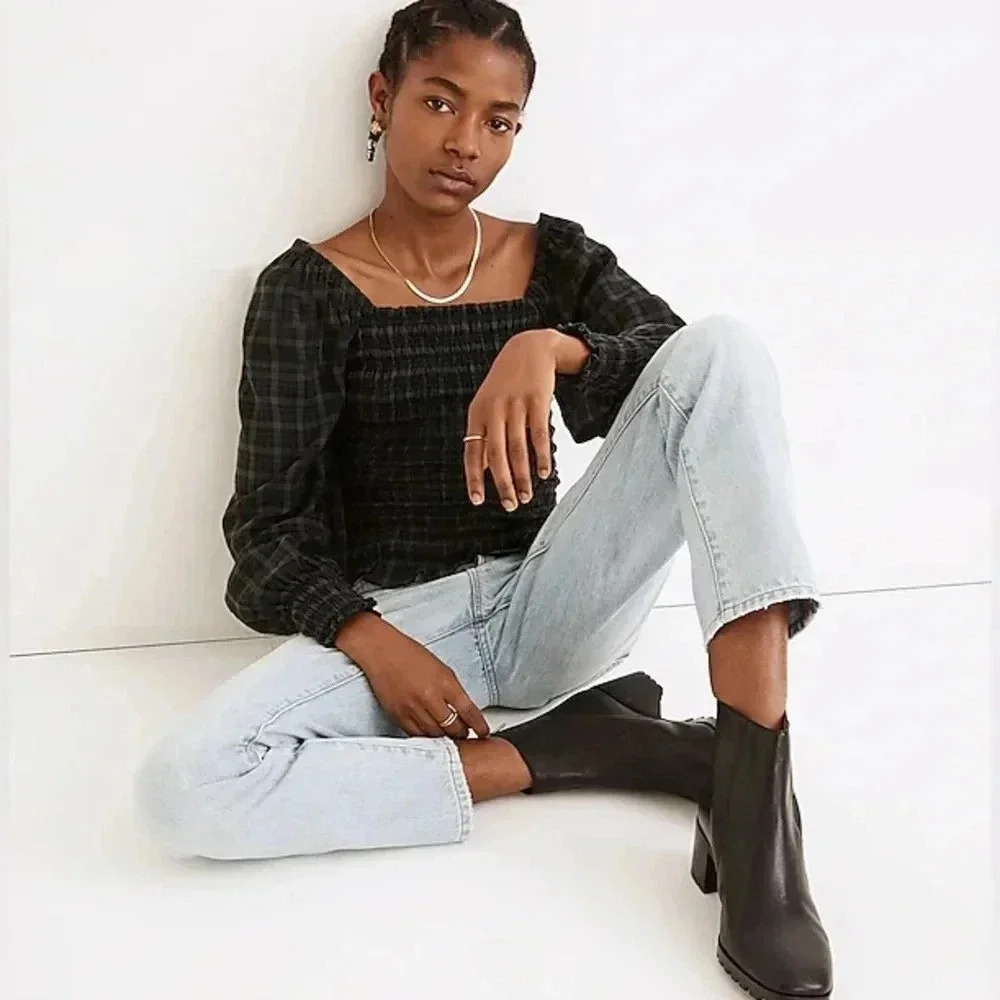 MADEWELL | Lucie Bubble-Sleeve Smocked Peasant Plaid Green Top  Size M